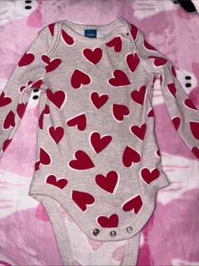Baby Hearts Long-Sleeve One-Piece Bodysuit - Red Hearts on Gray